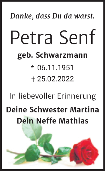 Traueranzeige von Petra Senf von Trauerkombi Weißenfels