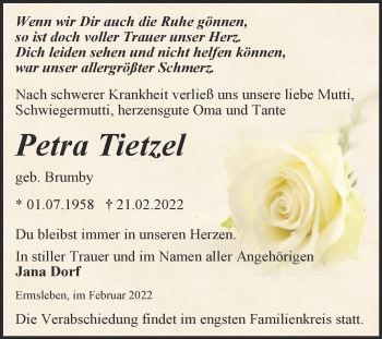 Traueranzeige von Petra Tietzel von Trauerkombi Quedlinburg