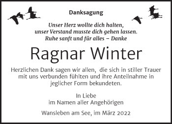 Traueranzeige von Ragnar Winter von Trauerkombi Mansfelder Land