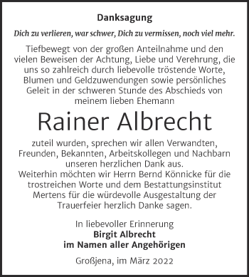 Traueranzeige von Rainer Albrecht von Wochenspiegel Naumburg/Nebra