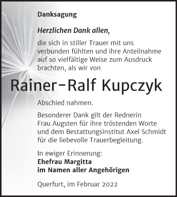 Traueranzeige von Rainer-Ralf Kupczyk von Trauerkombi Merseburg