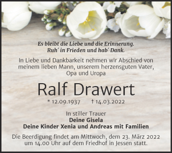 Traueranzeige von Ralf Drawert von Trauerkombi Wittenberg