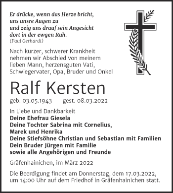 Traueranzeige von Ralf Kersten von Trauerkombi Wittenberg