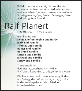 Traueranzeige von Ralf Planert von Trauerkombi Aschersleben