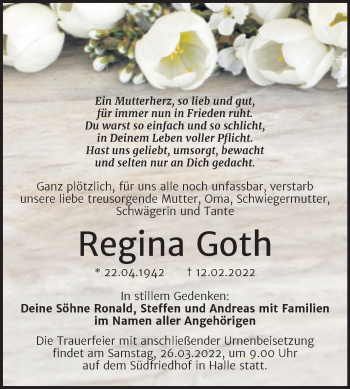 Traueranzeige von Regina Goth von Mitteldeutsche Zeitung Halle/Saalkreis
