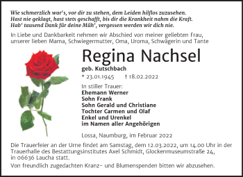 Traueranzeige von Regina Nachsel von Wochenspiegel Naumburg/Nebra