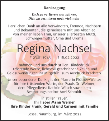 Traueranzeige von Regina Nachsel von Wochenspiegel Naumburg/Nebra