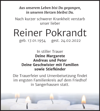 Traueranzeige von Reiner Pokrandt von Mitteldeutsche Zeitung Sangerhausen
