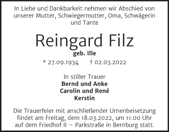 Traueranzeige von Reingard Filz von Trauerkombi Bernburg