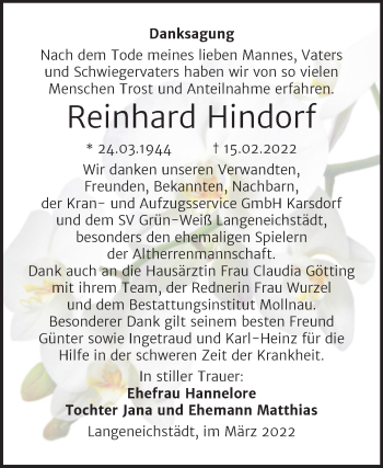 Traueranzeige von Reinhard Hindorf von Trauerkombi Merseburg