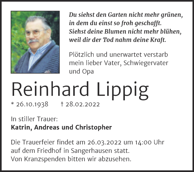  Traueranzeige für Reinhard Lippig vom 12.03.2022 aus Trauerkombi Sangerhausen