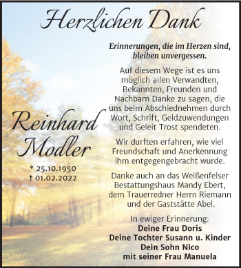 Traueranzeige von Reinhard Modler von Trauerkombi Weißenfels