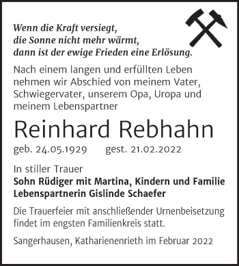 Traueranzeige von Reinhard Rebhahn von Trauerkombi Sangerhausen