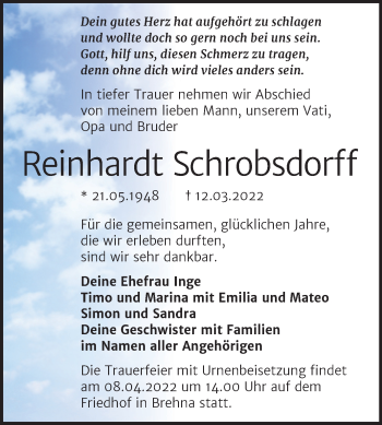 Traueranzeige von Reinhardt Schrobsdorff von Trauerkombi Bitterfeld