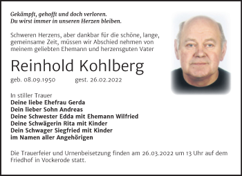 Traueranzeige von Reinhold Kohlberg von Trauerkombi Wittenberg