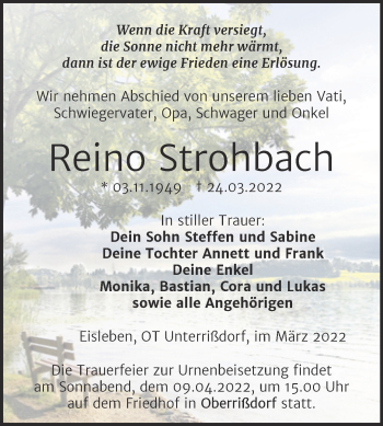 Traueranzeige von Reino Strohbach von Trauerkombi Mansfelder Land