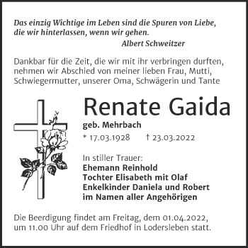 Traueranzeige von Renate Gaida von Mitteldeutsche Zeitung Merseburg/Querfurt