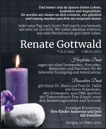 Traueranzeige von Renate Gottwald von Trauerkombi Merseburg