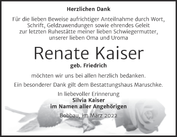 Traueranzeige von Renate Kaiser von Trauerkombi Bitterfeld