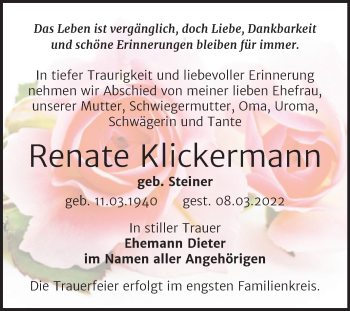 Traueranzeige von Renate Klickermann von Trauerkombi Bernburg