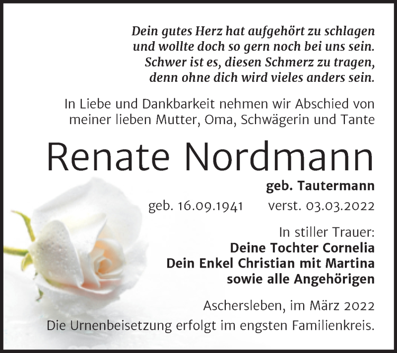  Traueranzeige für Renate Nordmann vom 17.03.2022 aus Trauerkombi Aschersleben