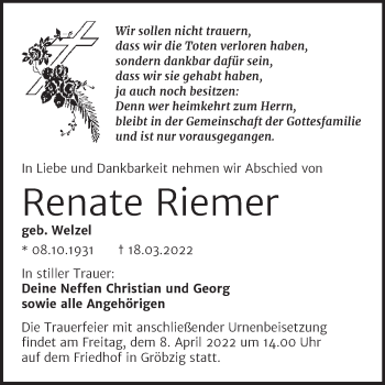 Traueranzeige von Renate Riemer von Trauerkombi Köthen