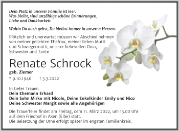 Traueranzeige von Renate Schrock von Mitteldeutsche Zeitung Köthen