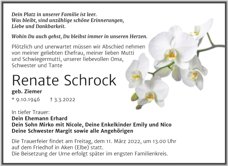  Traueranzeige für Renate Schrock vom 09.03.2022 aus Mitteldeutsche Zeitung Köthen