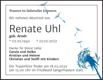 Traueranzeige von Renate Uhl von Trauerkombi Mansfelder Land