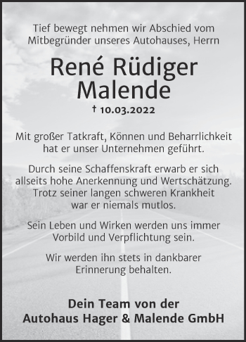 Traueranzeige von Rene Rüdiger Malende von Mitteldeutsche Zeitung Dessau-Roßlau