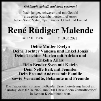 Traueranzeige von Rene Rüdiger Malende von Trauerkombi Dessau