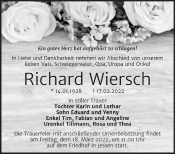 Traueranzeige von Richard Wiersch von Wochenspiegel Wittenberg