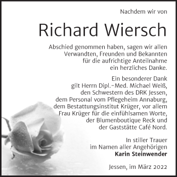 Traueranzeige von Richard Wiersch von Trauerkombi Wittenberg