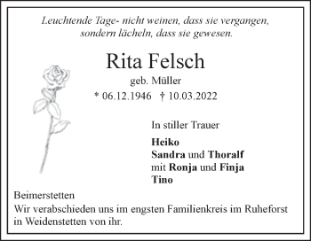 Traueranzeige von Rita Felsch von Mitteldeutsche Zeitung Weißenfels
