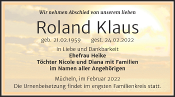 Traueranzeige von Roland Klaus von Trauerkombi Merseburg