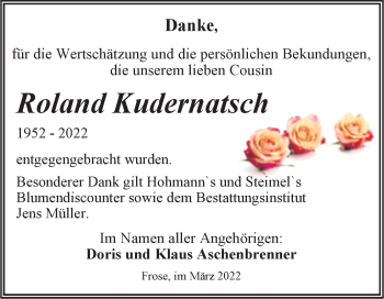 Traueranzeige von Roland Kudernatsch von Trauerkombi Aschersleben