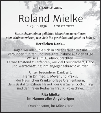 Traueranzeige von Roland Mielke von Trauerkombi Wittenberg