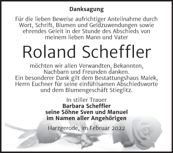 Traueranzeige von Roland Scheffler von Trauerkombi Quedlinburg