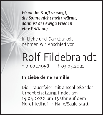 Traueranzeige von Rolf Fildebrandt von Mitteldeutsche Zeitung Halle/Saalkreis