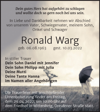Traueranzeige von Ronald Warg von Trauerkombi Wittenberg