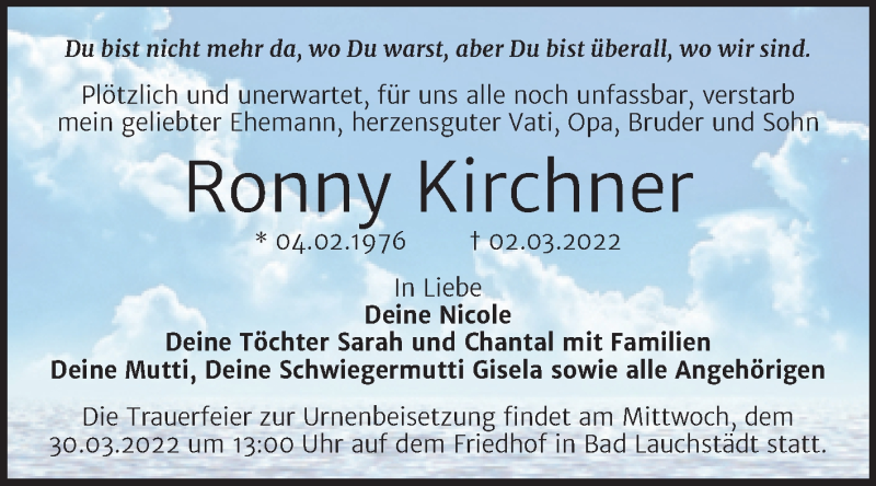  Traueranzeige für Ronny Kirchner vom 12.03.2022 aus Trauerkombi Merseburg