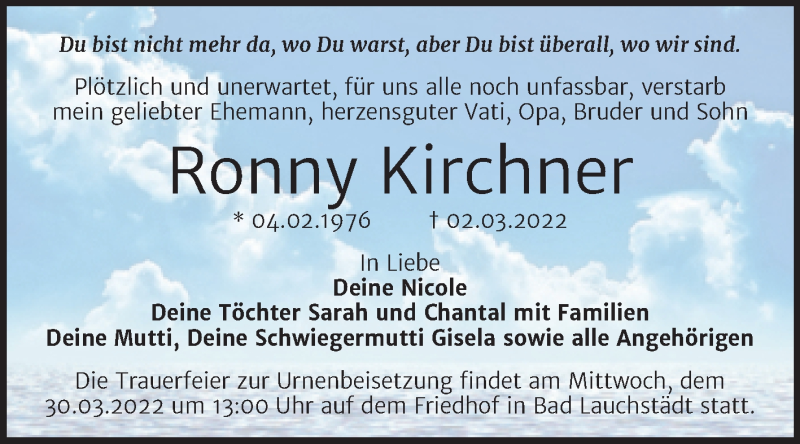  Traueranzeige für Ronny Kirchner vom 26.03.2022 aus Trauerkombi Merseburg