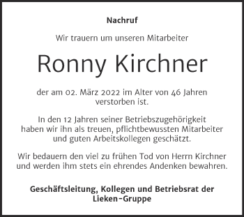 Traueranzeige von Ronny Kirchner von Mitteldeutsche Zeitung Merseburg/Querfurt