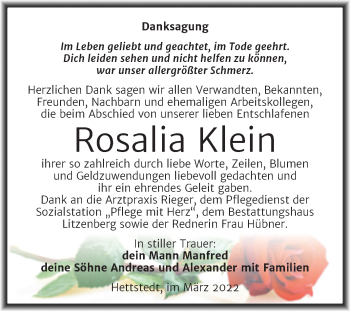 Traueranzeige von Rosalia Klein von Trauerkombi Mansfelder Land