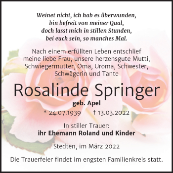 Traueranzeige von Rosalinde Springer von Trauerkombi Mansfelder Land