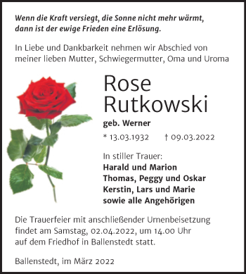 Traueranzeige von Rose Rutkowski von Trauerkombi Quedlinburg