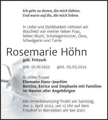 Traueranzeige von Rosemarie Höhn von Mitteldeutsche Zeitung Mansfelder Land