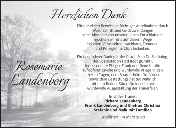 Traueranzeige von Rosemarie Landenberg von Trauerkombi Mansfelder Land