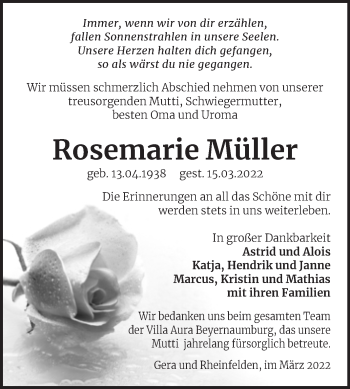 Traueranzeige von Rosemarie Müller von Trauerkombi Sangerhausen