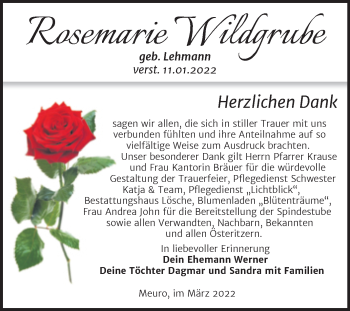 Traueranzeige von Rosemarie Wildgrube von Trauerkombi Wittenberg